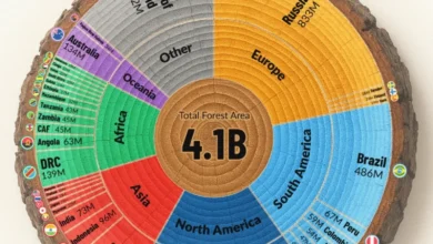 سهم کشورهای مختلف از جنگل‌های جهان در سال ۲۰۲۵